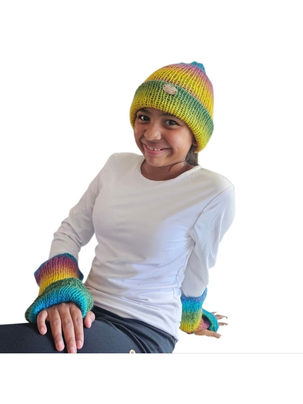Handmade Rainbow Wool Beanie Crochet Winter Hat Pride Colorful One-of-a-Kind 10"